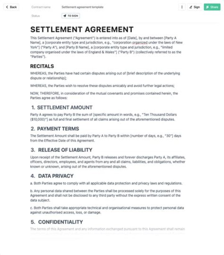 What are the essential terms of a settlement agreement?